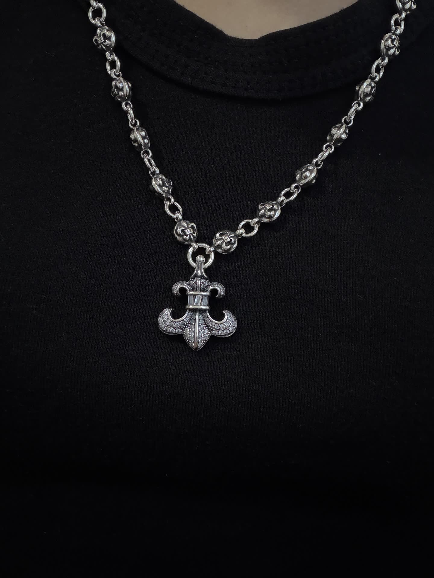 Chrome Hearts Silver Fleur-de-lis Pendant Chain Necklace